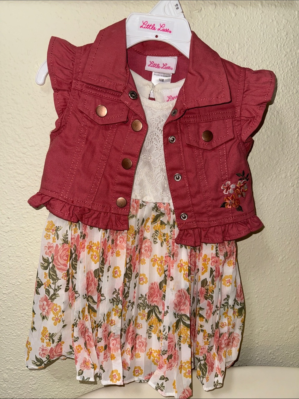 Little Lass Rose Pink Ruffle-Trim dress with Denim Vest